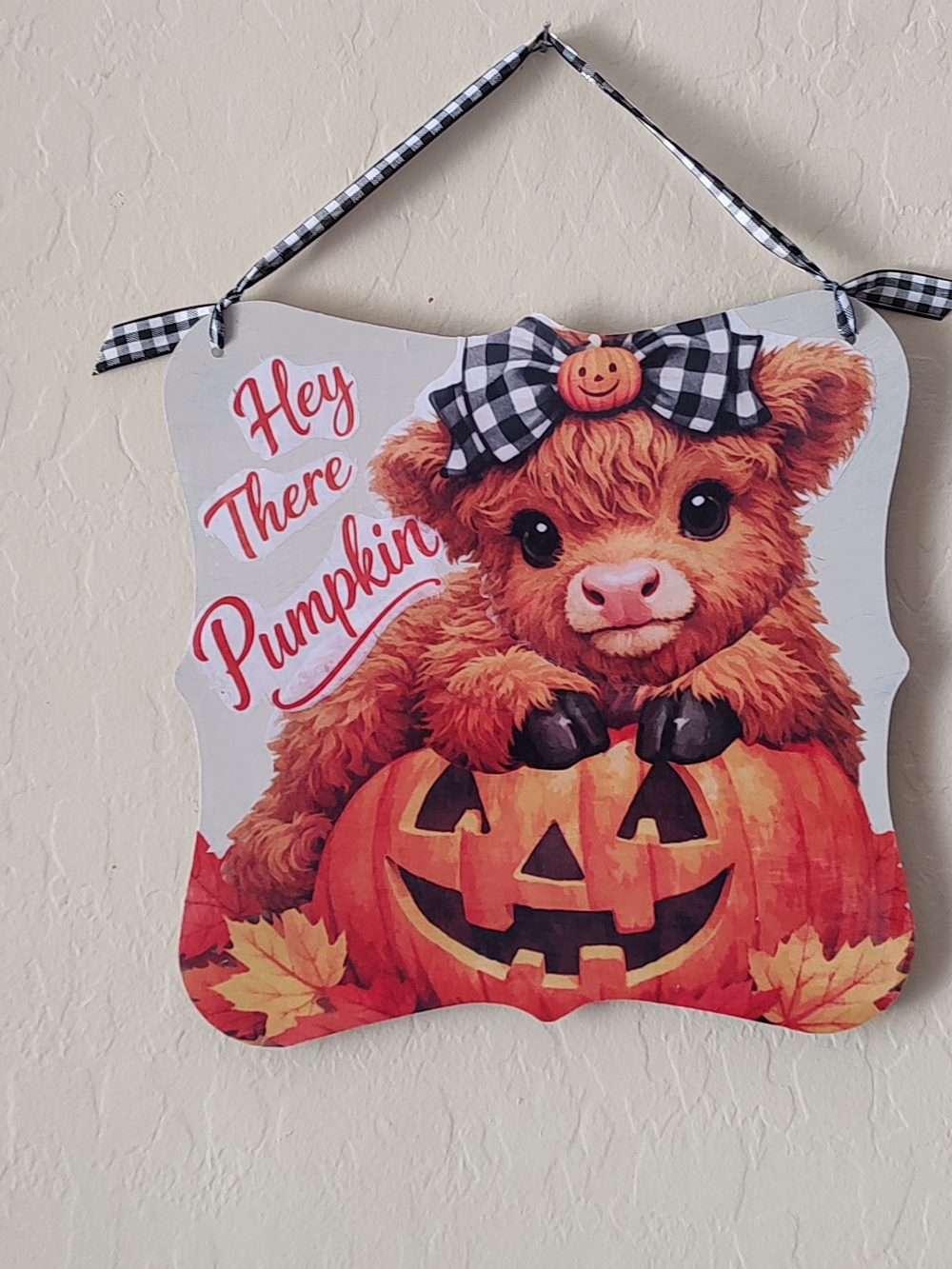 Hey There Pumpkin Wall Sign - Orange Autumn Cow Design
